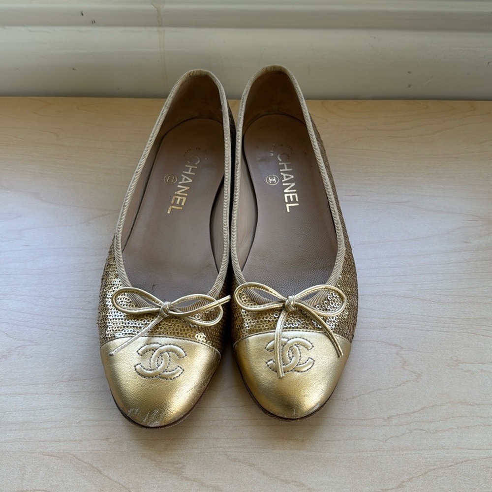 Chanel gold sequin ballet flats
